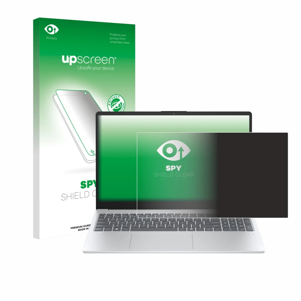 Face avant d’un emballage produit avec le logo de la marque upscreen. À côté, l’appareil HP OmniBook 3 14