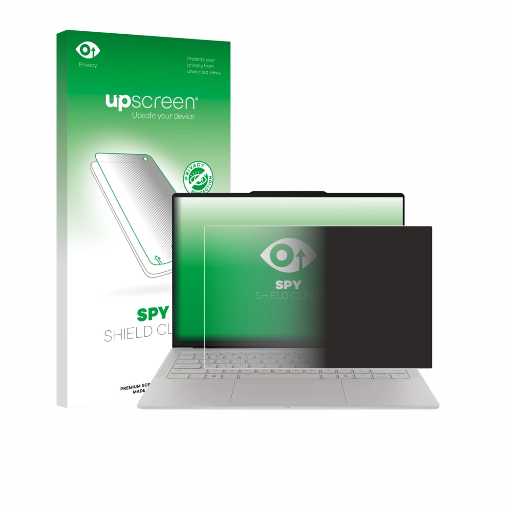 Face avant d’un emballage produit avec le logo de la marque upscreen. À côté, l’appareil Lenovo Yoga Slim 7i Ultra Gen 11 Aura