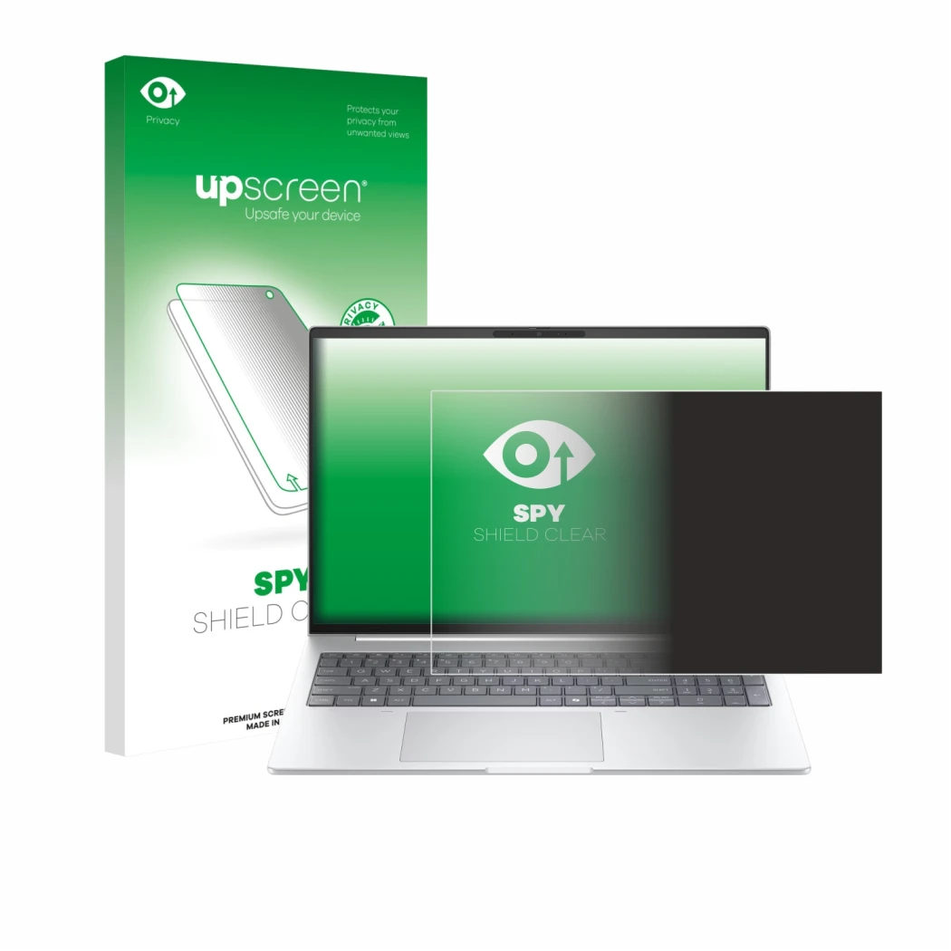 Face avant d’un emballage produit avec le logo de la marque upscreen. À côté, l’appareil HP EliteBook 8 G1i 16