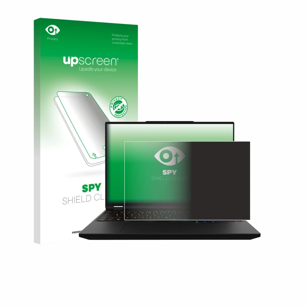 Face avant d’un emballage produit avec le logo de la marque upscreen. À côté, l’appareil XMG Apex 16 Max est représenté avec l