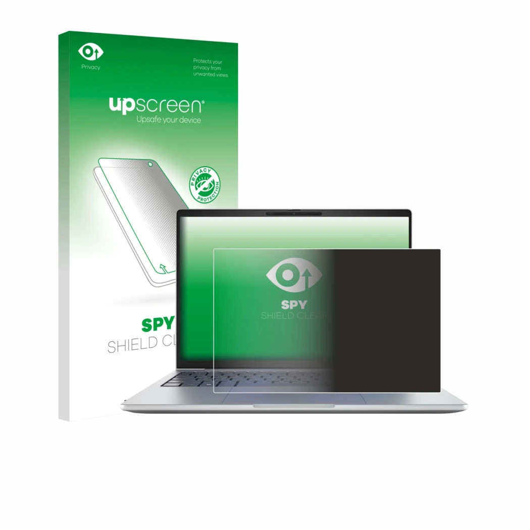 Face avant d’un emballage produit avec le logo de la marque upscreen. À côté, l’appareil HP EliteBook 8 G1i 13