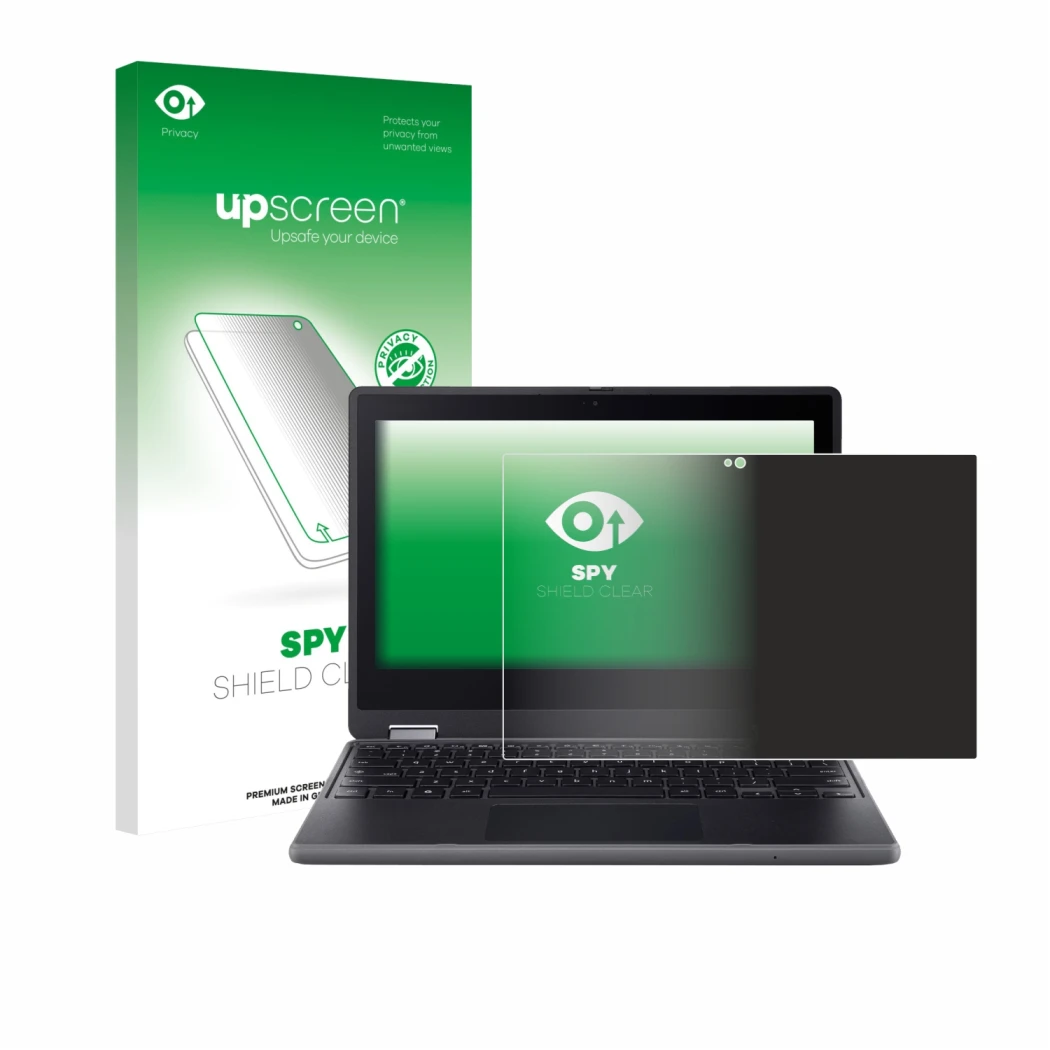 Face avant d’un emballage produit avec le logo de la marque upscreen. À côté, l’appareil Acer Chromebook Spin 511 R757TN est r