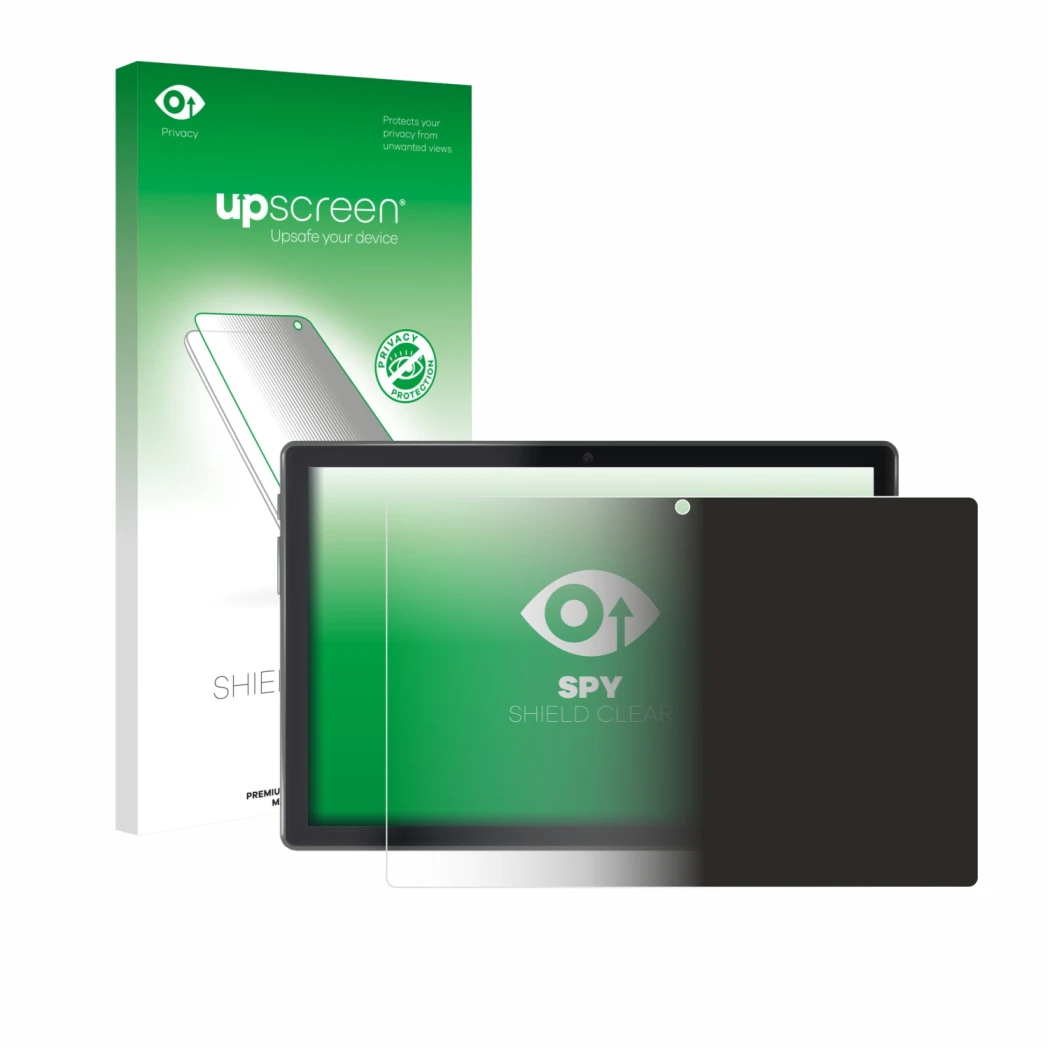 Face avant d’un emballage produit avec le logo de la marque upscreen. À côté, l’appareil Lisciani Mio Tab 10