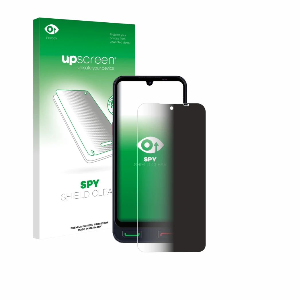 Face avant d’un emballage produit avec le logo de la marque upscreen. À côté, l’appareil SPC Zeus 2 Pro est représenté avec la