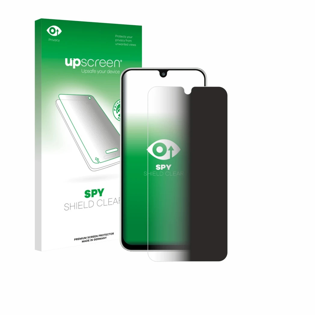 Face avant d’un emballage produit avec le logo de la marque upscreen. À côté, l’appareil Samsung Galaxy M16 est représenté ave