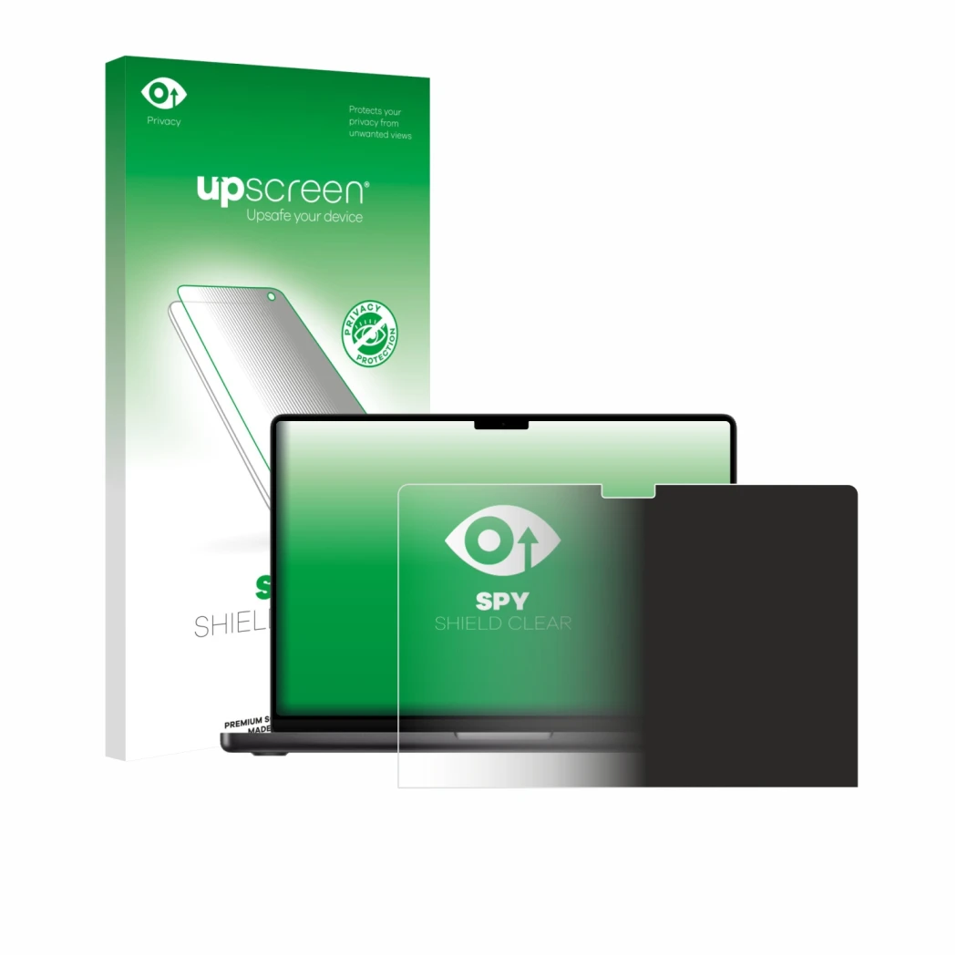 Face avant d’un emballage produit avec le logo de la marque upscreen. À côté, l’appareil Apple MacBook Pro 14