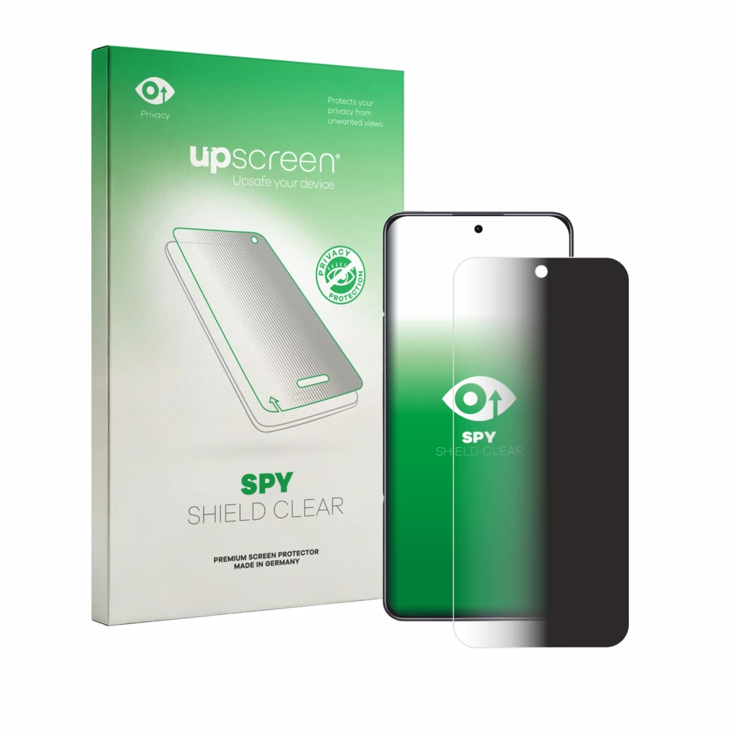Face avant d’un emballage produit avec le logo de la marque upscreen. À côté, l’appareil Honor X7e est représenté avec la prot