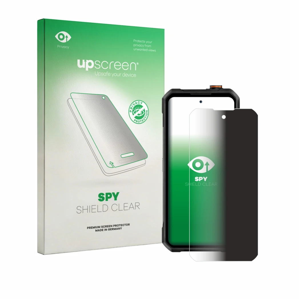 Face avant d’un emballage produit avec le logo de la marque upscreen. À côté, l’appareil Oukitel WP61 Plus est représenté avec