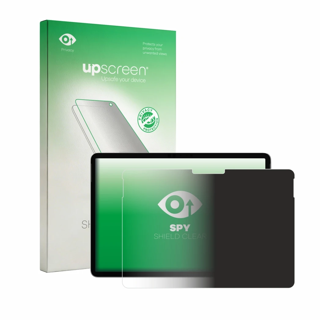 Face avant d’un emballage produit avec le logo de la marque upscreen. À côté, l’appareil Microsoft Surface Pro 12 2026 est rep