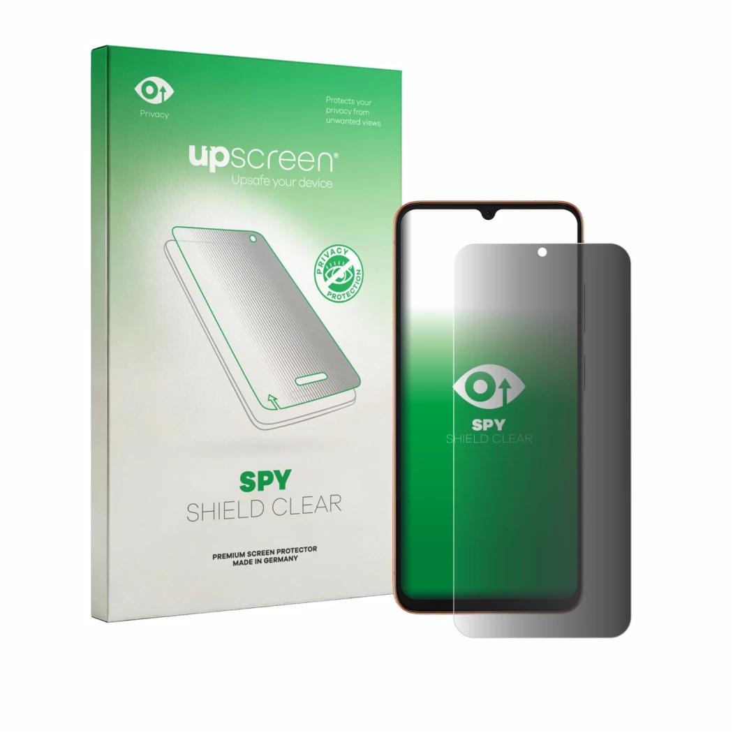 Face avant d’un emballage produit avec le logo de la marque upscreen. À côté, l’appareil Doogee Note 57 Lite est représenté av