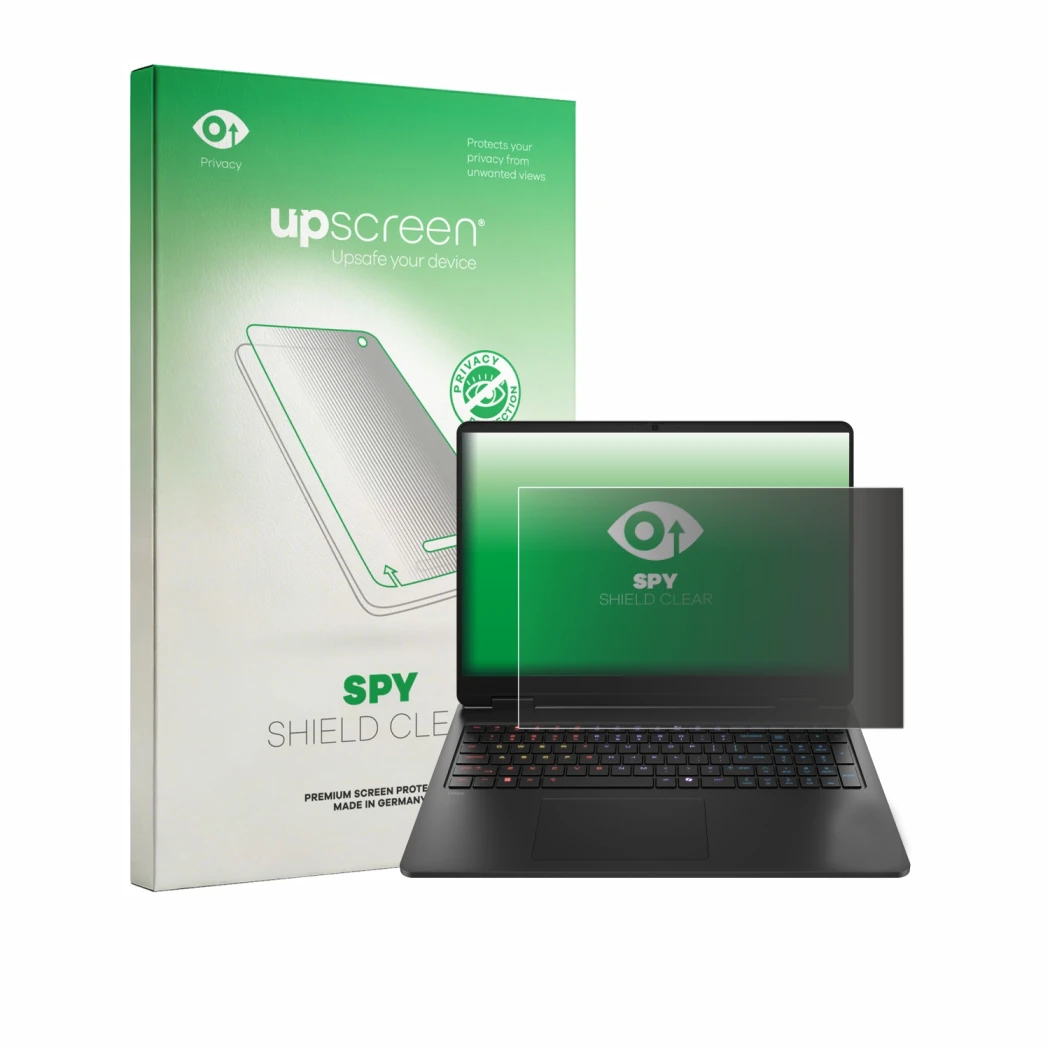 Face avant d’un emballage produit avec le logo de la marque upscreen. À côté, l’appareil HP HyperX Omen 16 est représenté avec