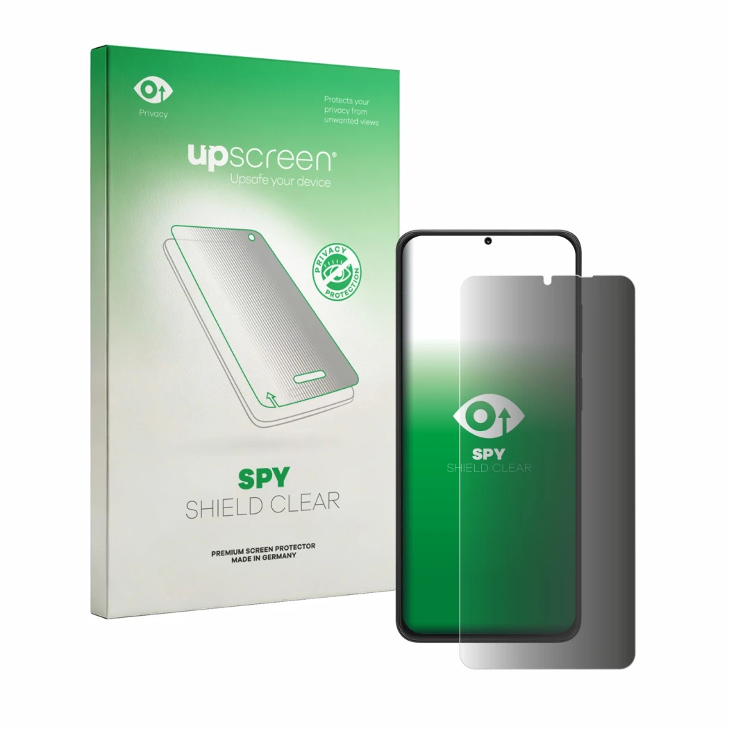 Face avant d’un emballage produit avec le logo de la marque upscreen. À côté, l’appareil Neow Safe est représenté avec la prot