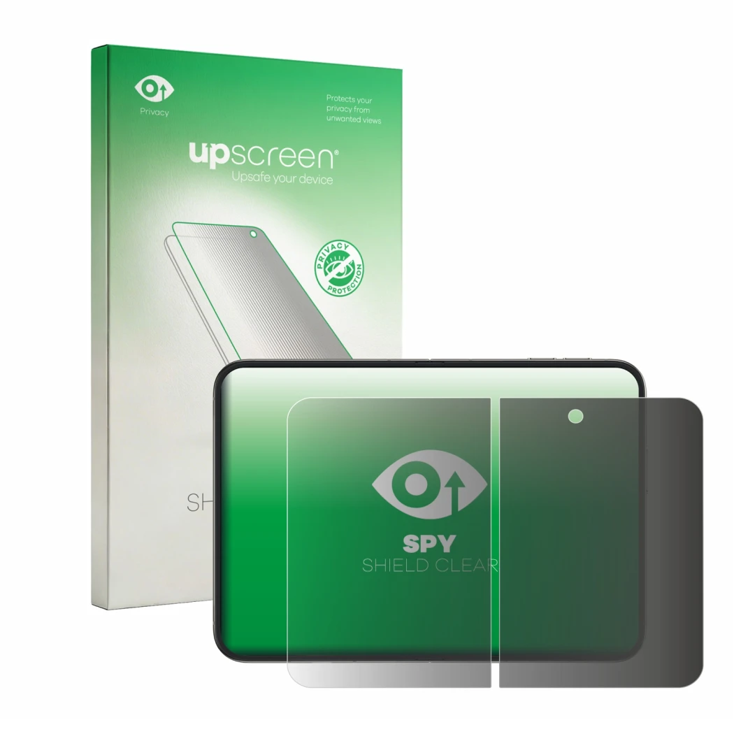 Face avant d’un emballage produit avec le logo de la marque upscreen. À côté, l’appareil Apple iPhone Duo (Affichage interne)
