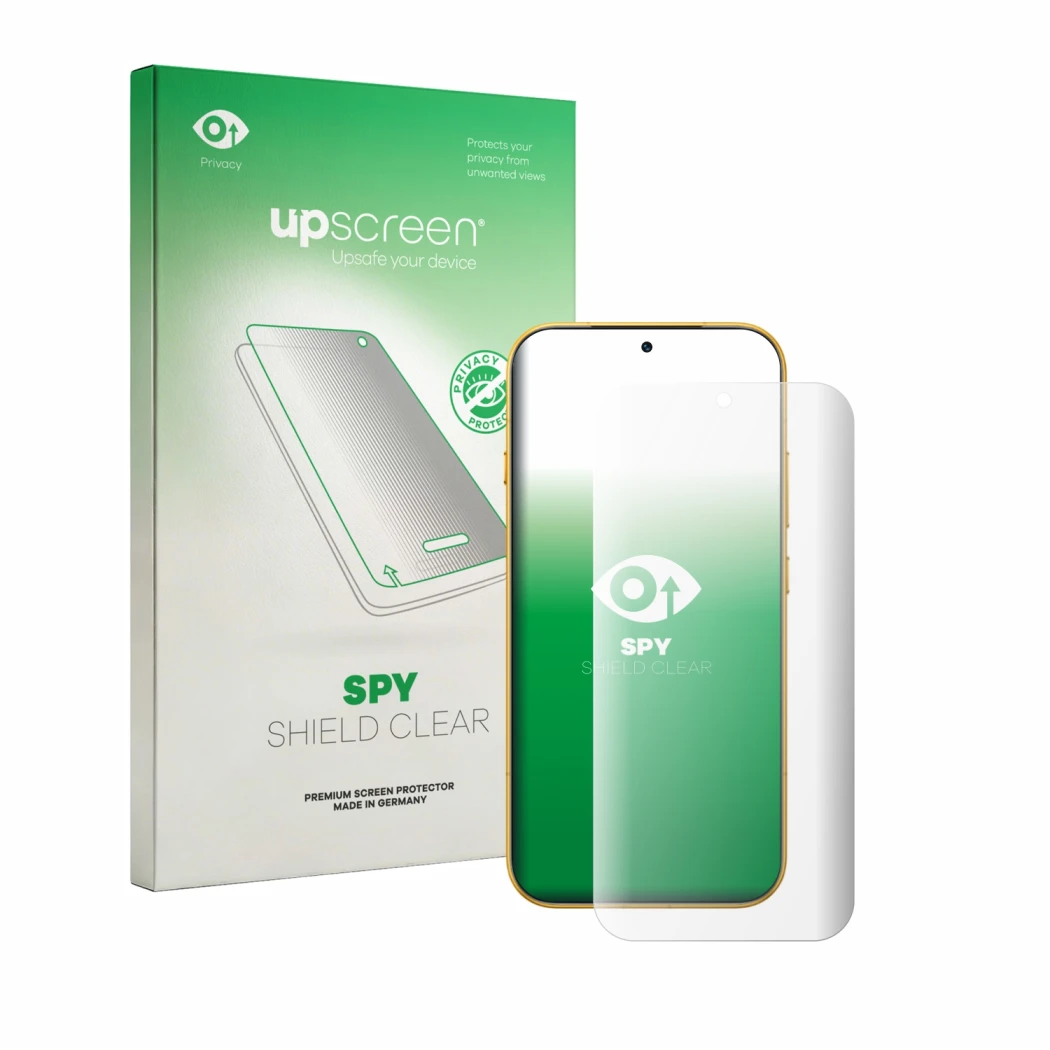 Face avant d’un emballage produit avec le logo de la marque upscreen. À côté, l’appareil Honor Magic 9 est représenté avec la 