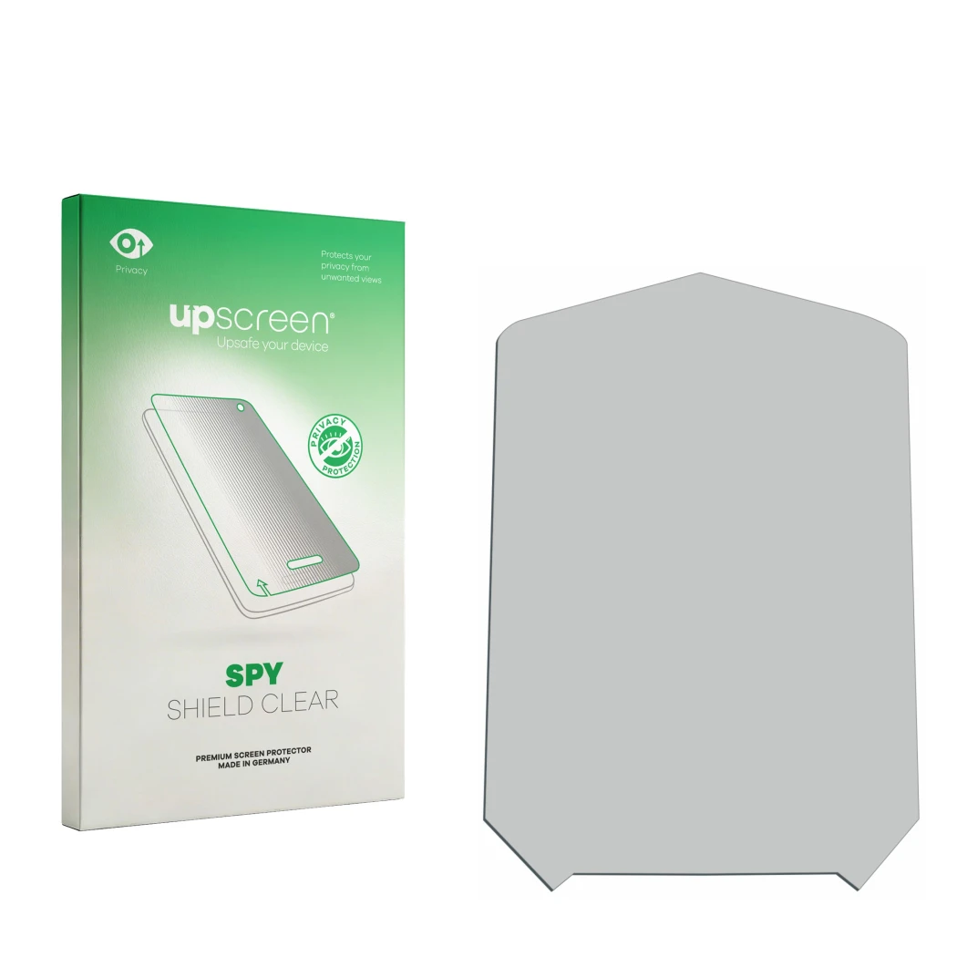 Face avant d’un emballage produit avec le logo de la marque upscreen. À côté se trouve la protection d’écran correspondante.