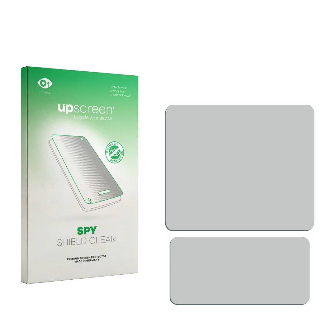 Face avant d’un emballage produit avec le logo de la marque upscreen. À côté se trouve la protection d’écran correspondante.