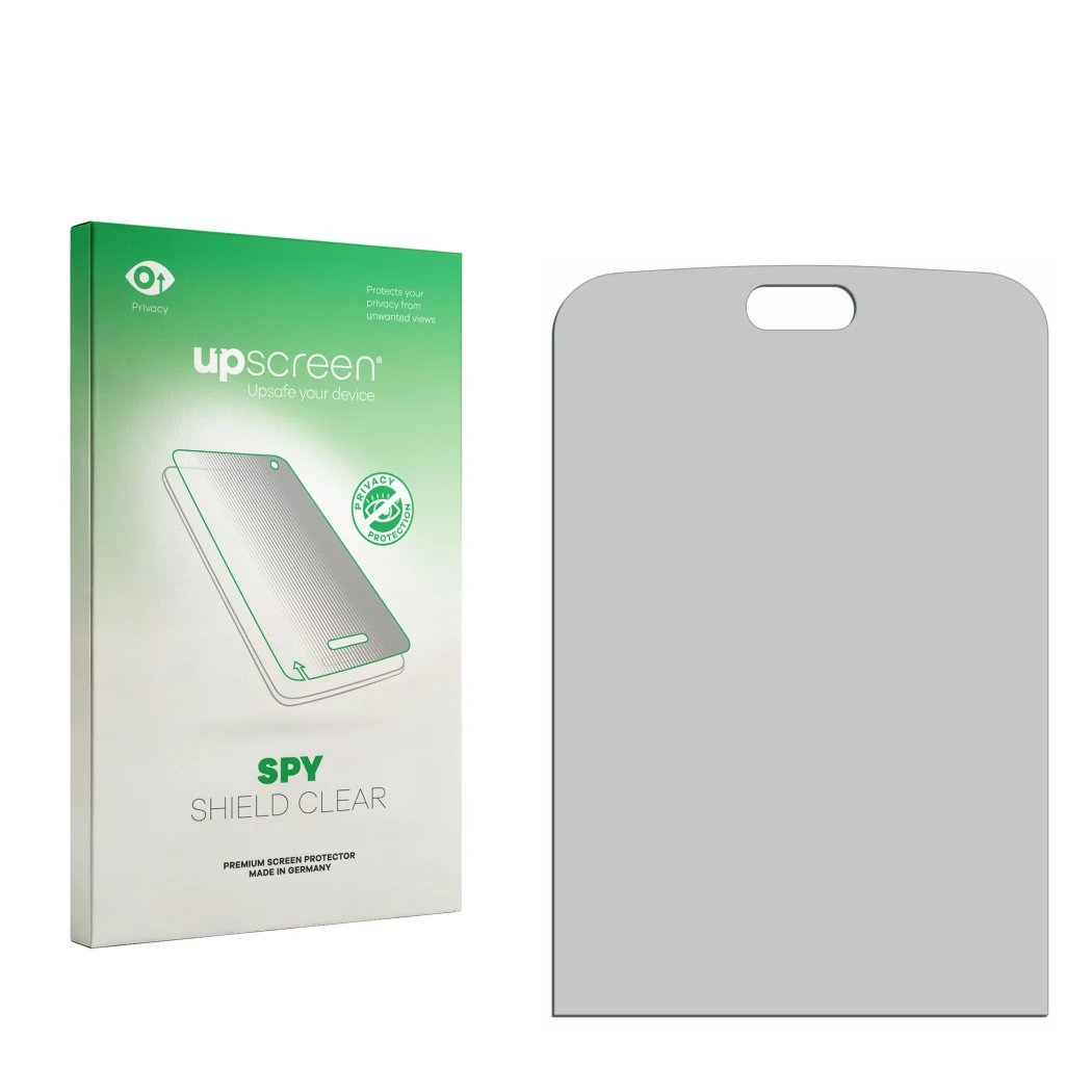 Face avant d’un emballage produit avec le logo de la marque upscreen. À côté se trouve la protection d’écran correspondante.