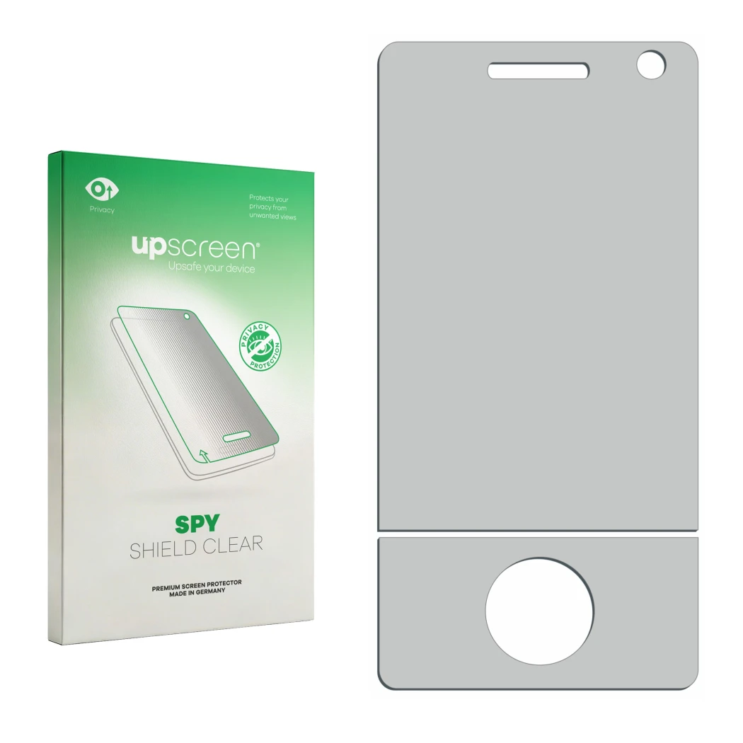 Face avant d’un emballage produit avec le logo de la marque upscreen. À côté se trouve la protection d’écran correspondante.