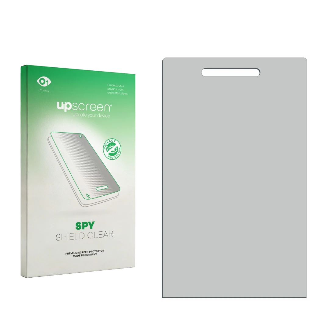 Face avant d’un emballage produit avec le logo de la marque upscreen. À côté se trouve la protection d’écran correspondante.