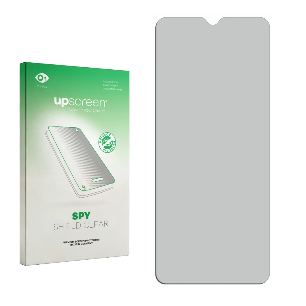 Face avant d’un emballage produit avec le logo de la marque upscreen. À côté se trouve la protection d’écran correspondante.