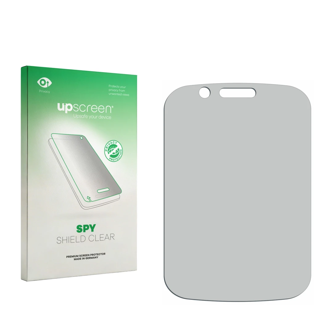 Face avant d’un emballage produit avec le logo de la marque upscreen. À côté se trouve la protection d’écran correspondante.