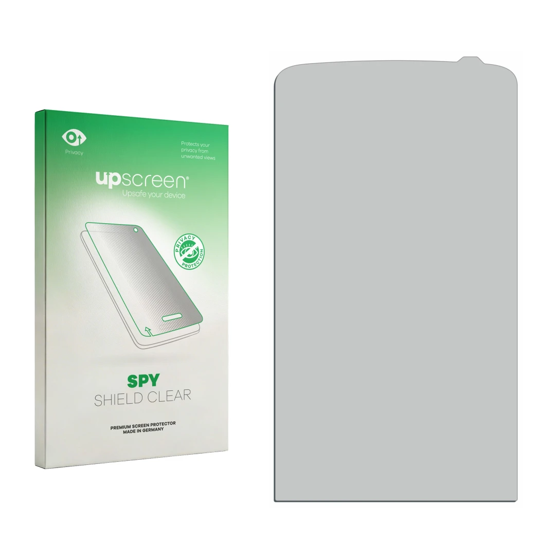 Face avant d’un emballage produit avec le logo de la marque upscreen. À côté se trouve la protection d’écran correspondante.