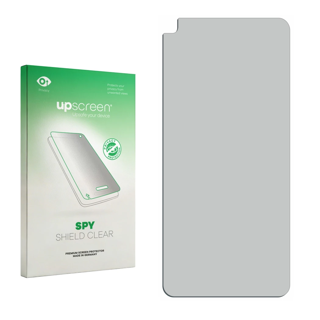 Face avant d’un emballage produit avec le logo de la marque upscreen. À côté se trouve la protection d’écran correspondante.