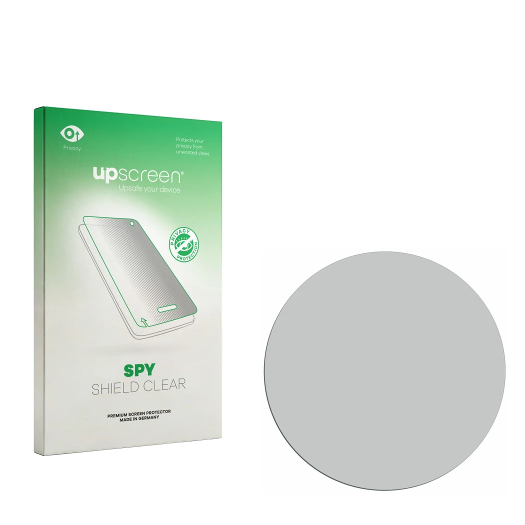 Face avant d’un emballage produit avec le logo de la marque upscreen. À côté se trouve la protection d’écran correspondante.