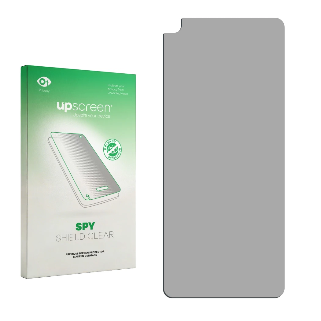 Face avant d’un emballage produit avec le logo de la marque upscreen. À côté se trouve la protection d’écran correspondante.