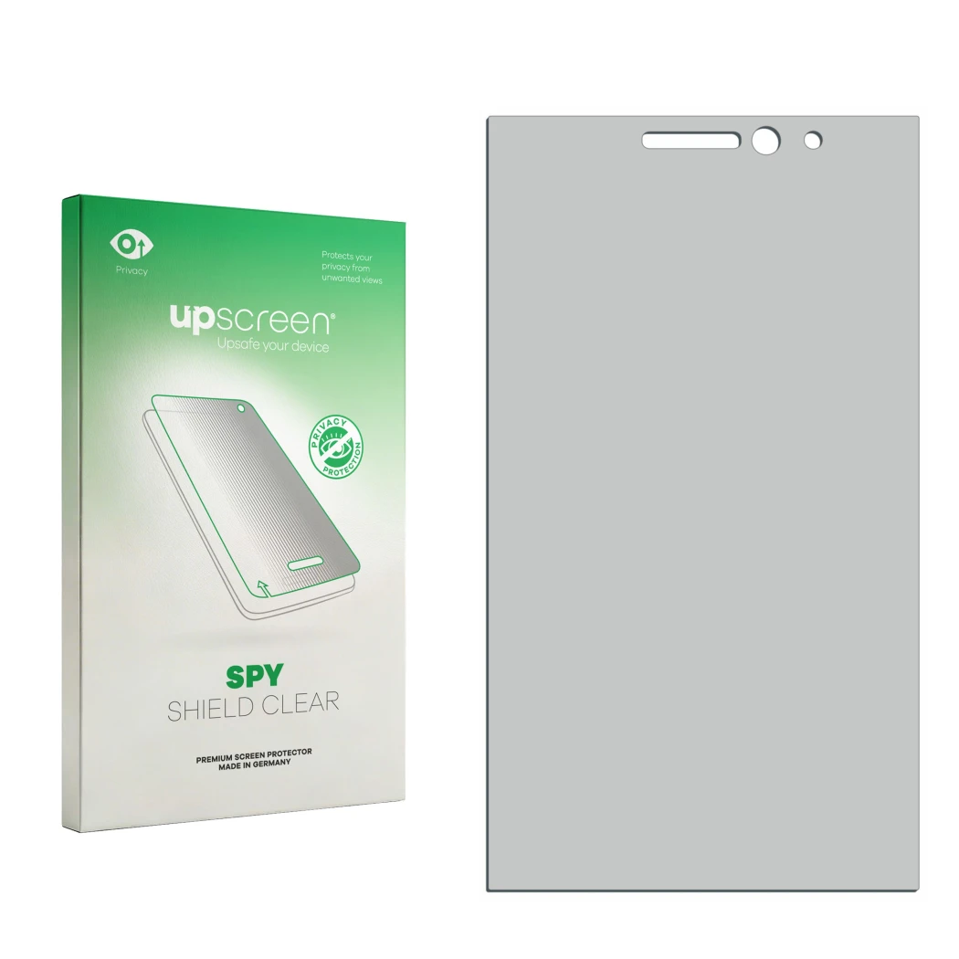 Face avant d’un emballage produit avec le logo de la marque upscreen. À côté se trouve la protection d’écran correspondante.
