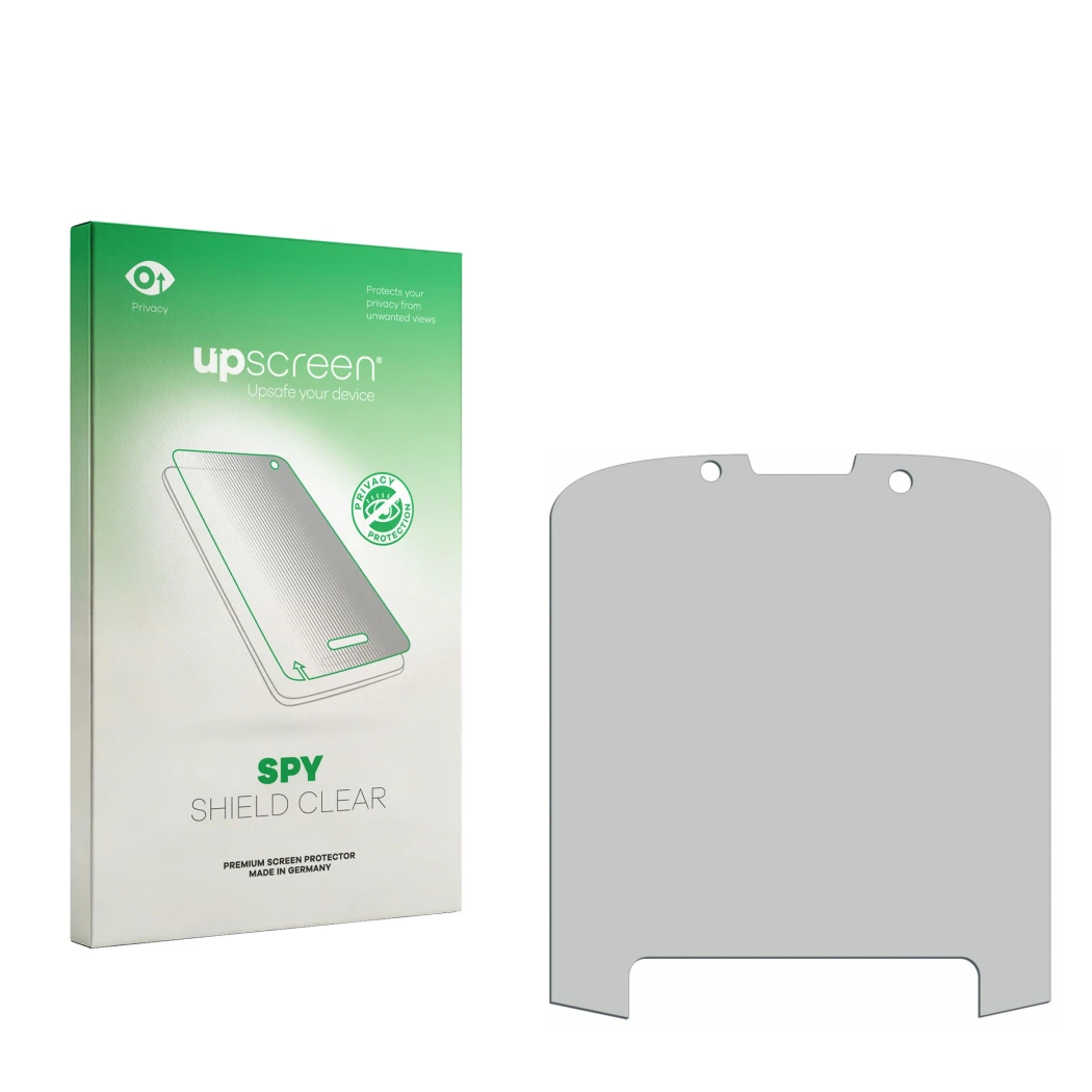 Face avant d’un emballage produit avec le logo de la marque upscreen. À côté se trouve la protection d’écran correspondante.
