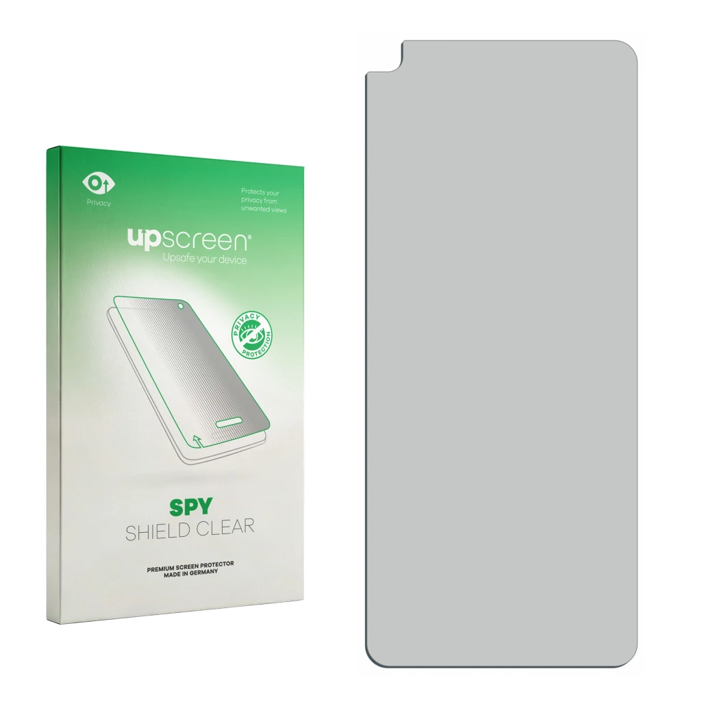 Face avant d’un emballage produit avec le logo de la marque upscreen. À côté se trouve la protection d’écran correspondante.