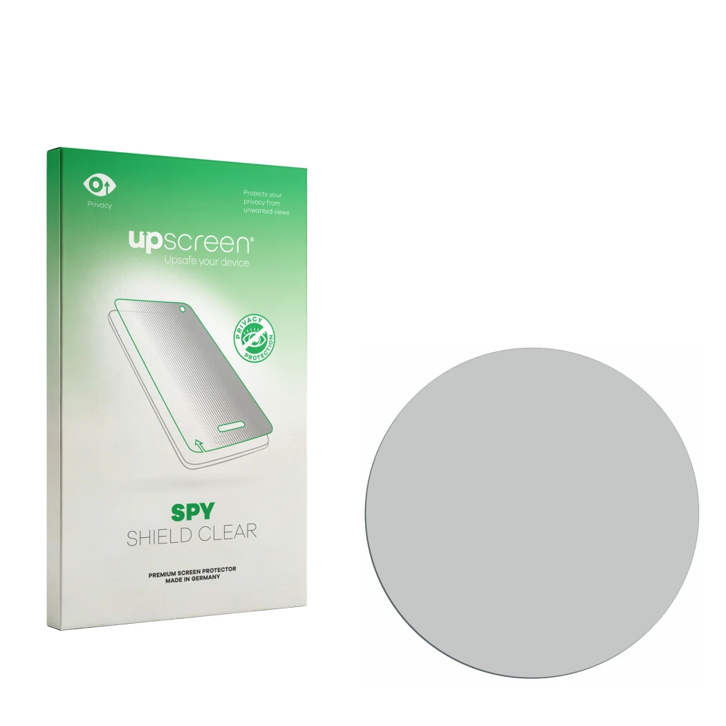 Face avant d’un emballage produit avec le logo de la marque upscreen. À côté se trouve la protection d’écran correspondante.