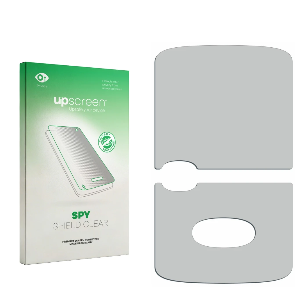 Face avant d’un emballage produit avec le logo de la marque upscreen. À côté se trouve la protection d’écran correspondante.
