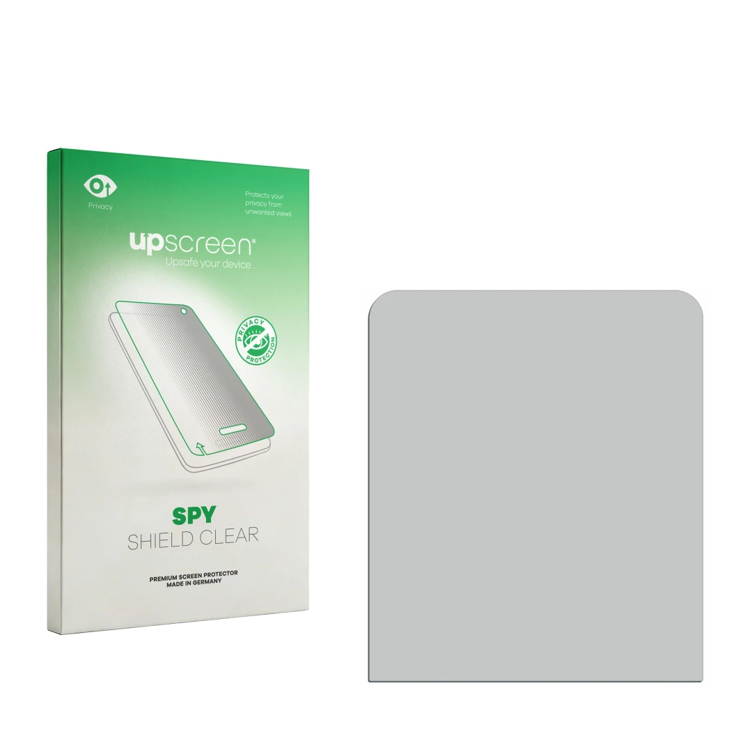 Face avant d’un emballage produit avec le logo de la marque upscreen. À côté se trouve la protection d’écran correspondante.