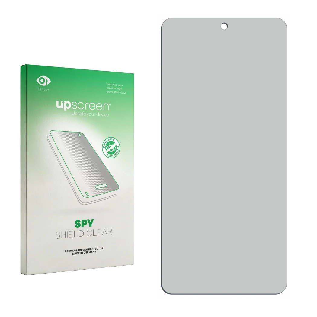 Face avant d’un emballage produit avec le logo de la marque upscreen. À côté se trouve la protection d’écran correspondante.