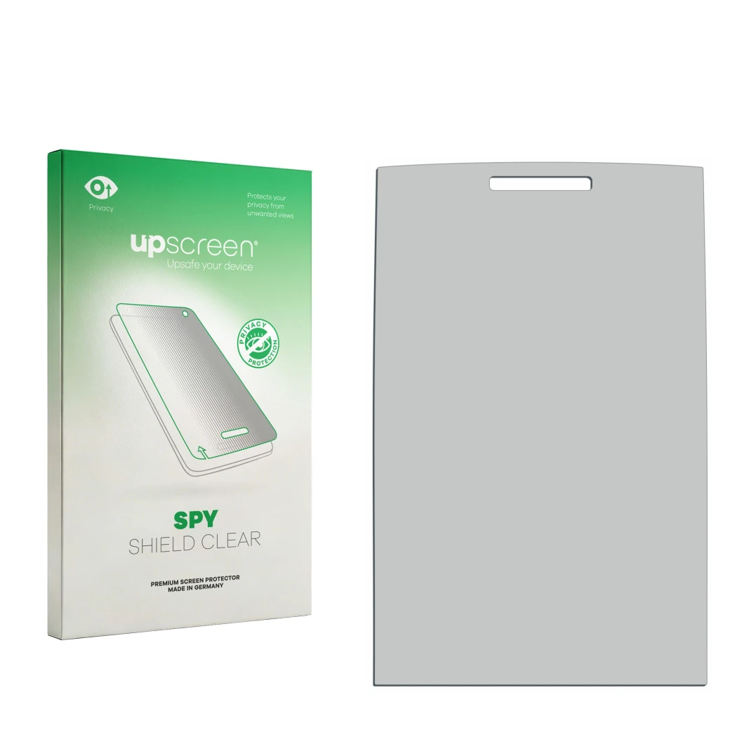 Face avant d’un emballage produit avec le logo de la marque upscreen. À côté se trouve la protection d’écran correspondante.