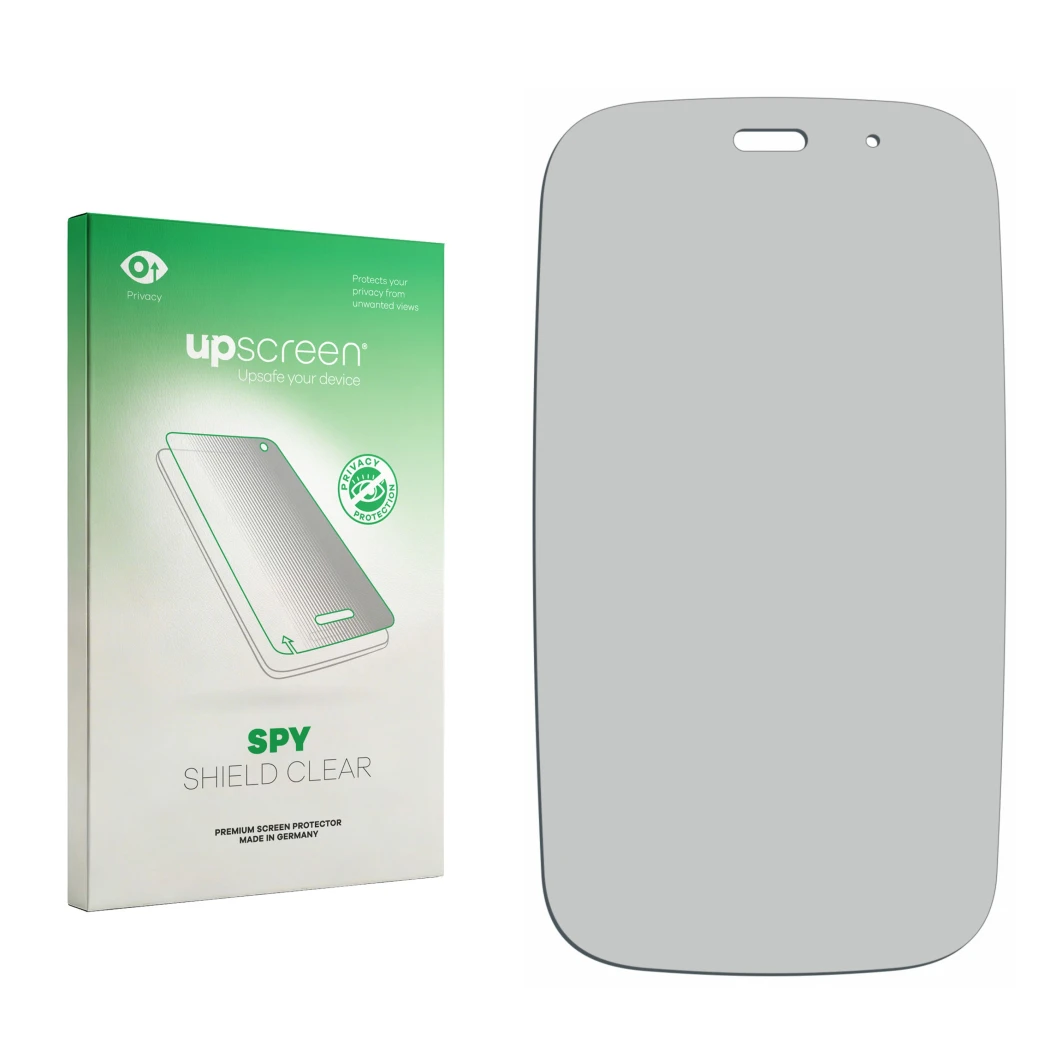 Face avant d’un emballage produit avec le logo de la marque upscreen. À côté se trouve la protection d’écran correspondante.