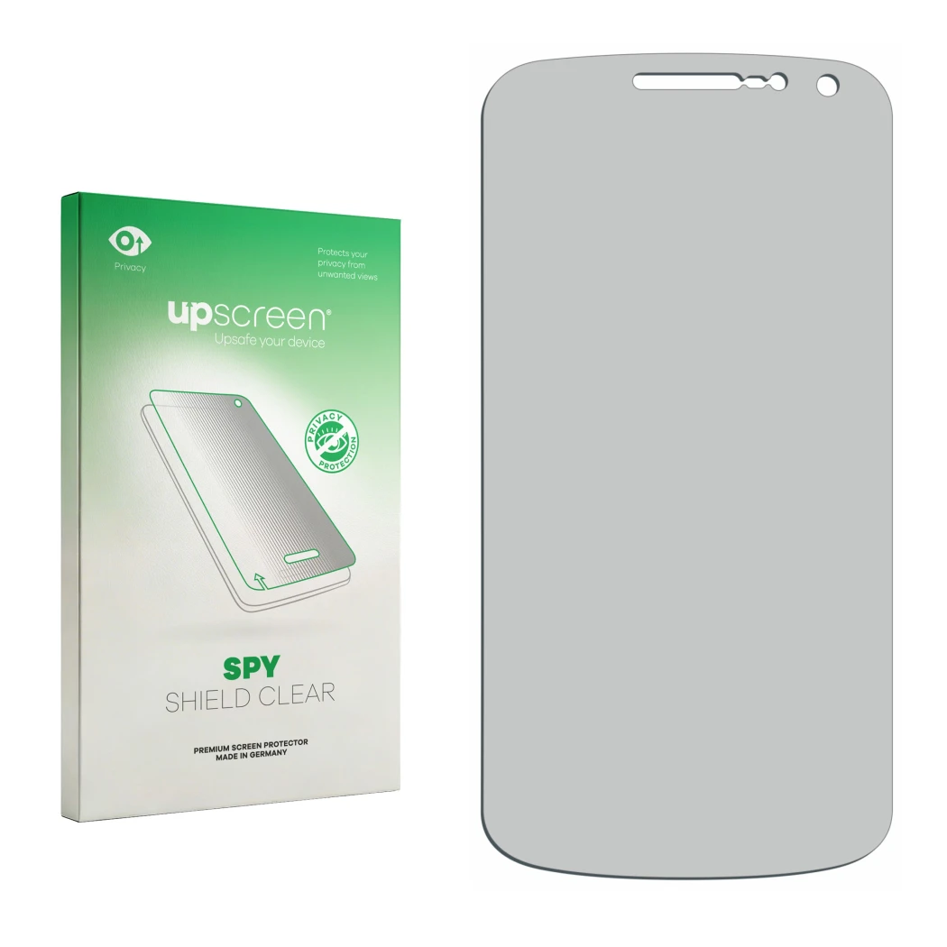 Face avant d’un emballage produit avec le logo de la marque upscreen. À côté se trouve la protection d’écran correspondante.