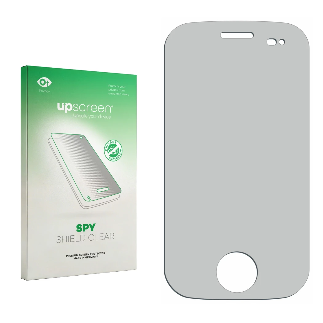 Face avant d’un emballage produit avec le logo de la marque upscreen. À côté se trouve la protection d’écran correspondante.