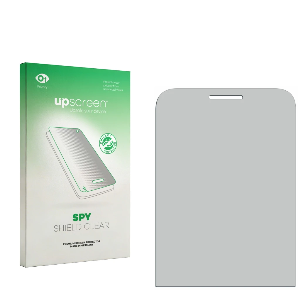 Face avant d’un emballage produit avec le logo de la marque upscreen. À côté se trouve la protection d’écran correspondante.