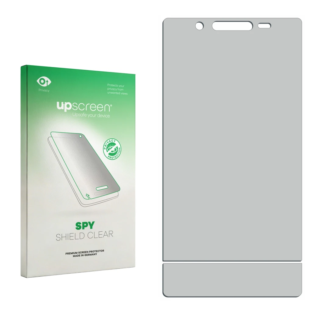 Face avant d’un emballage produit avec le logo de la marque upscreen. À côté se trouve la protection d’écran correspondante.