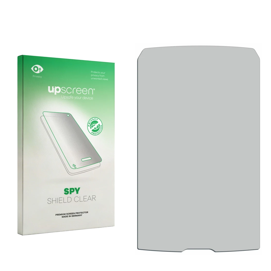 Face avant d’un emballage produit avec le logo de la marque upscreen. À côté se trouve la protection d’écran correspondante.