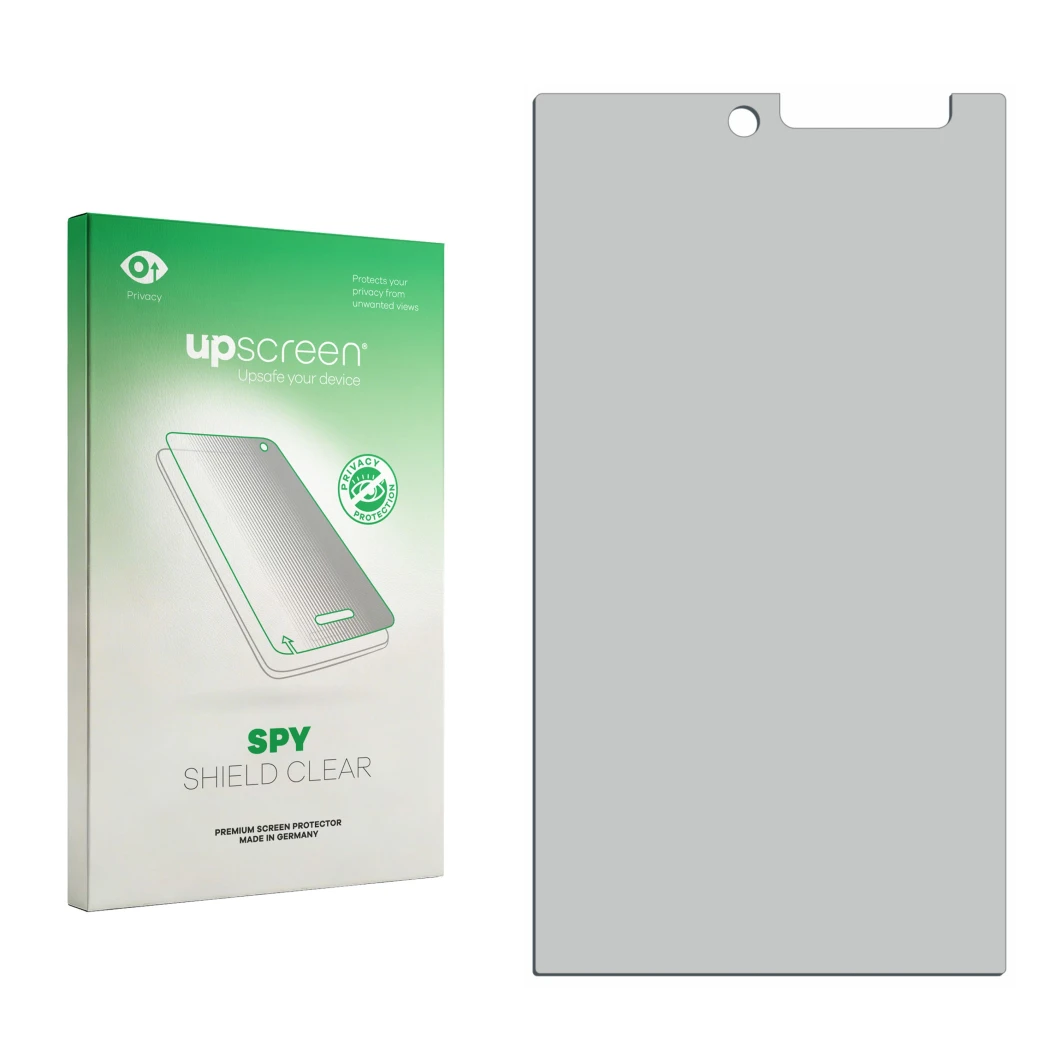 Face avant d’un emballage produit avec le logo de la marque upscreen. À côté se trouve la protection d’écran correspondante.