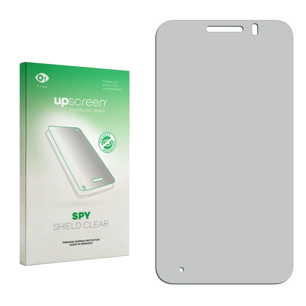 Face avant d’un emballage produit avec le logo de la marque upscreen. À côté se trouve la protection d’écran correspondante.