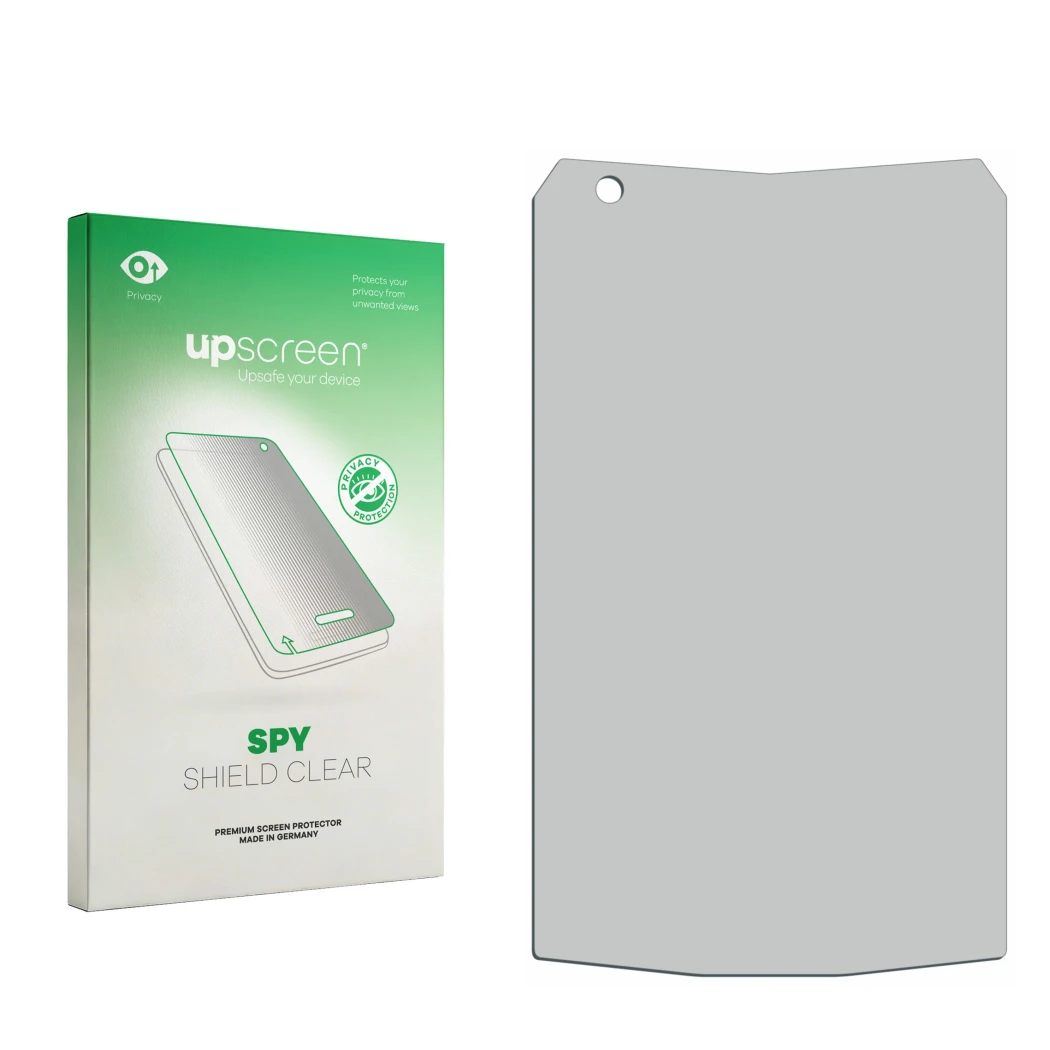 Face avant d’un emballage produit avec le logo de la marque upscreen. À côté se trouve la protection d’écran correspondante.