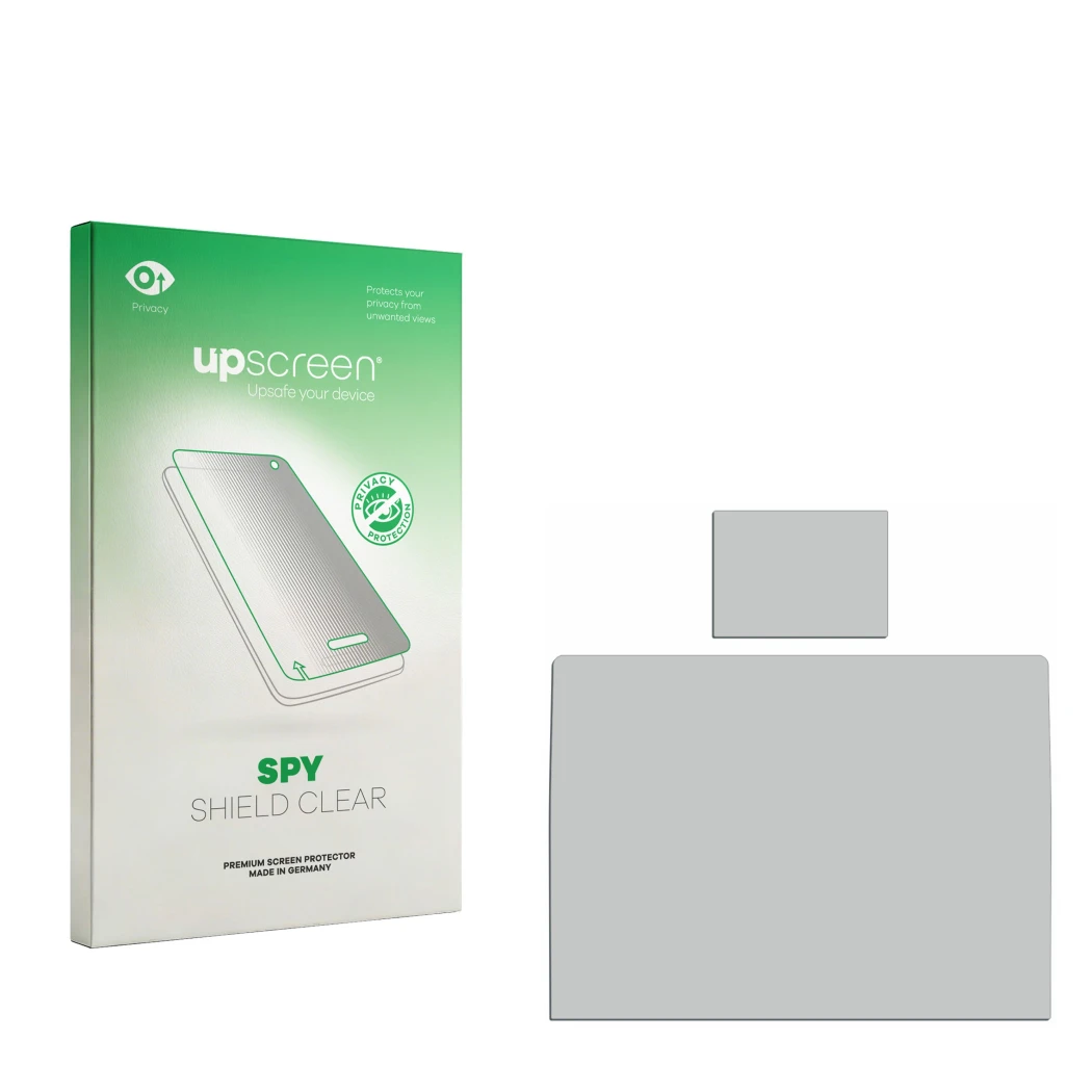 Face avant d’un emballage produit avec le logo de la marque upscreen. À côté se trouve la protection d’écran correspondante.