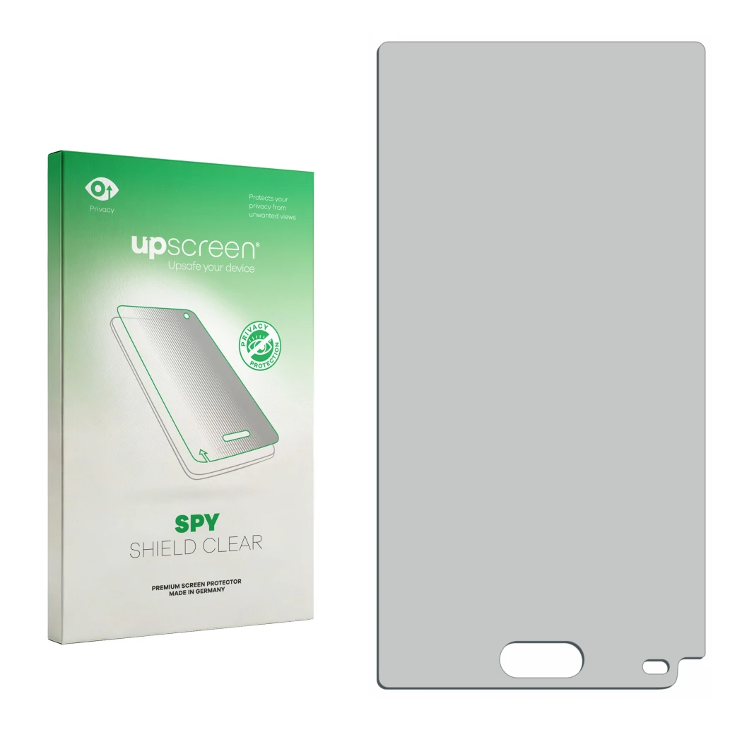 Face avant d’un emballage produit avec le logo de la marque upscreen. À côté se trouve la protection d’écran correspondante.
