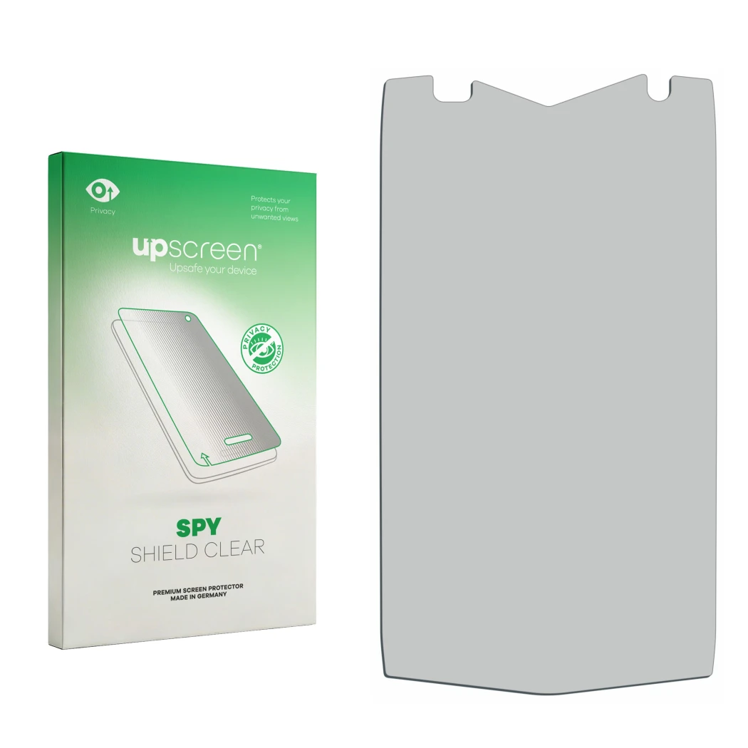 Face avant d’un emballage produit avec le logo de la marque upscreen. À côté se trouve la protection d’écran correspondante.