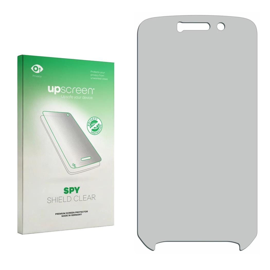 Face avant d’un emballage produit avec le logo de la marque upscreen. À côté se trouve la protection d’écran correspondante.